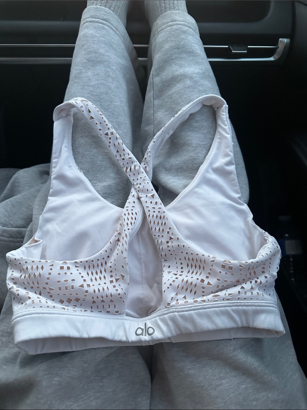 ALO Yoga White Laser-Cut Crossover Back Sports Bra